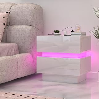 Bedside Table with Charging Station, Bedside Table with LED Light, Bedside Table with 2 USB Ports, 2 Drawers (White, 45 x 35 x 46 cm)
