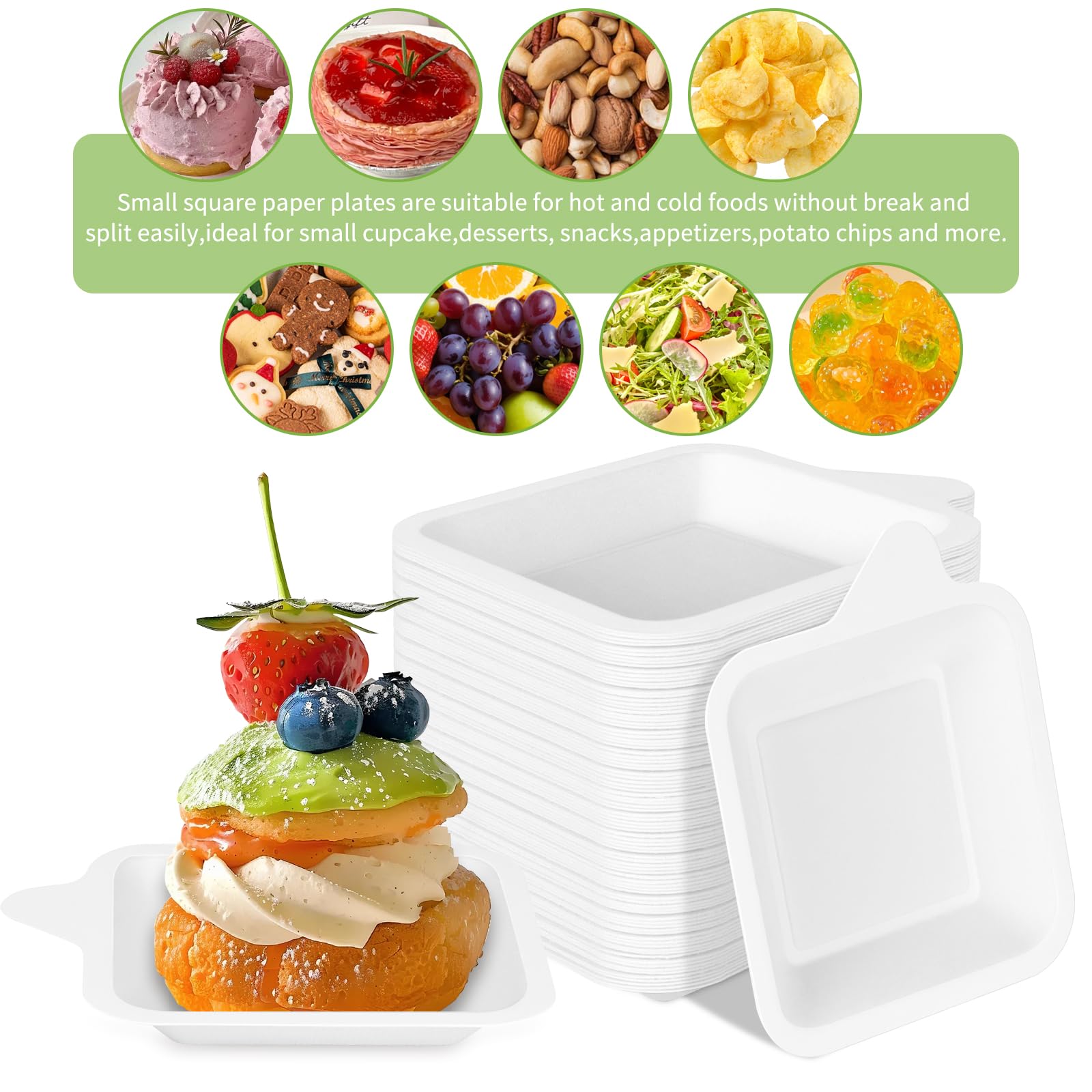 LeonBach Kleine Pappteller, 10,2 cm, Einwegteller, Zuckerrohr, Bagasse-Faser, weiß, quadratisch, Pappteller, Mini-Dessertteller, Papierteller, Vorspeisenteller für Party, Snack, Katzenfütterung, 200