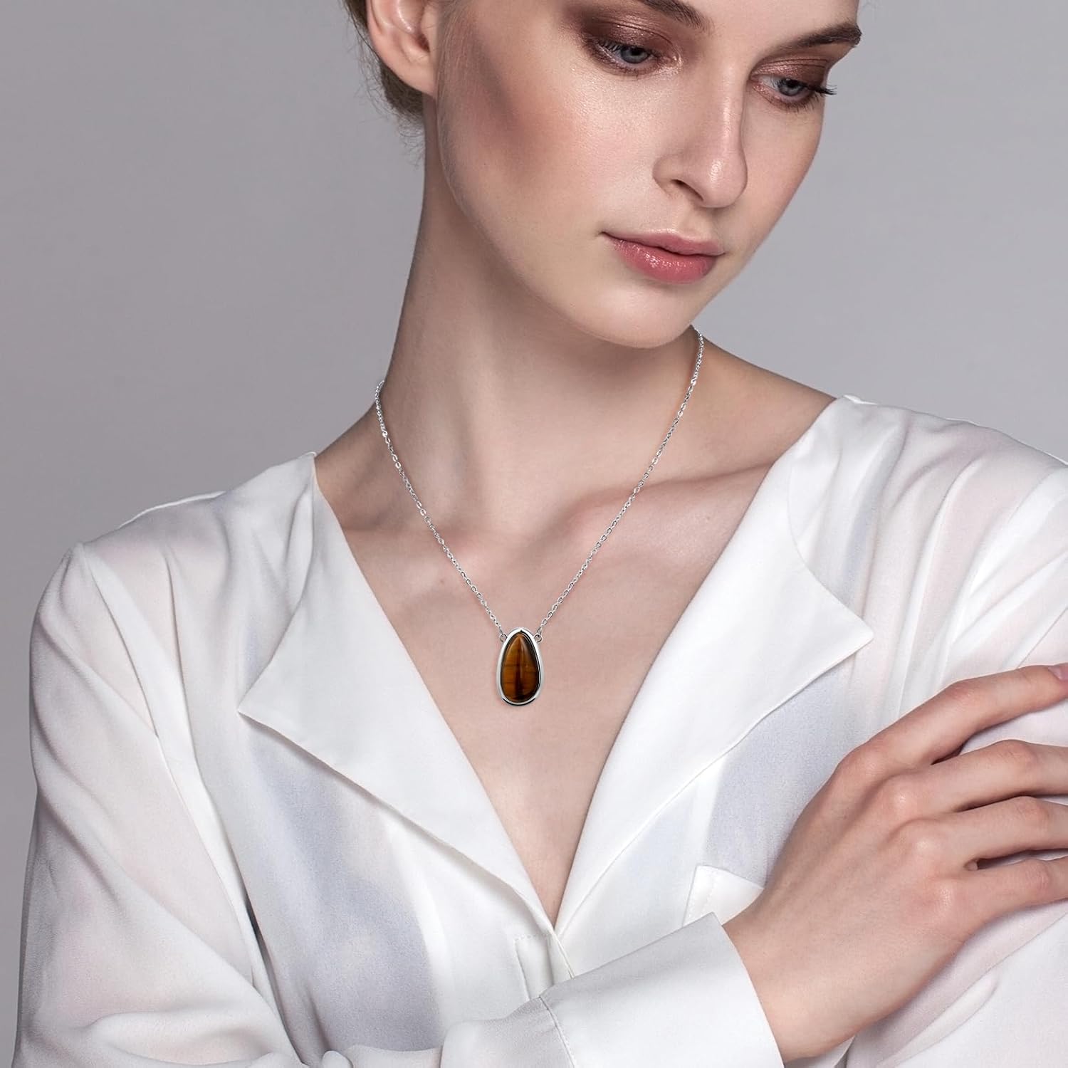 Tigers Eye Silver and Brown Pendant Thin Chain Minimalist Simple Adjustable Necklace for Women - Image 5