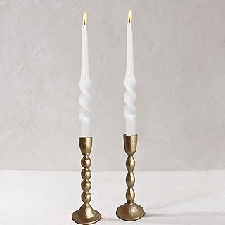 Antique Iron Taper Candle Holders - Set of 2 Decorative Candlesticks, Brass Finish Candle Stand for Weddings, Dining, and Parties