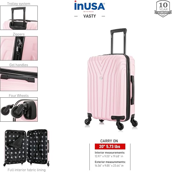 InUSA VASTY Luggage with Spinner Wheels | Durable Lightweight Hardshell Suitcase Travel Bag with Handle and Trolley 20-Inch Carry On Small Luggage | Pink