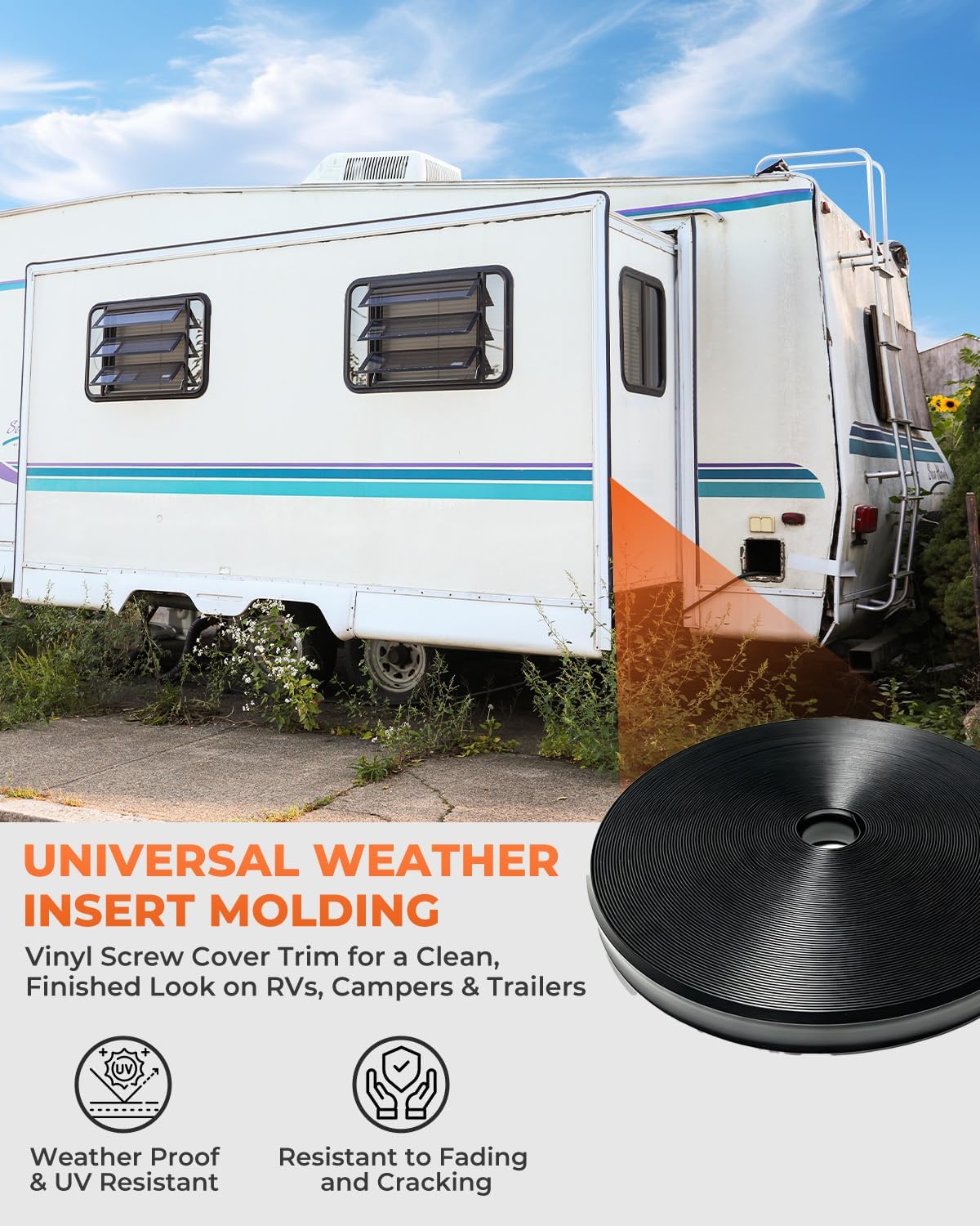 1" RV Trim Molding Insert 100FT - Heavy Duty RV Vinyl Weather Stripping Exterior Replacement, UV Resistant Screw Cover Trim Molding for Camper Travel Trailer Roof/Gutter/Corner/Channel Seal