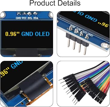 6 قطع وحدة عرض OLED IIC I2C مقاس 0.96 بوصة SSD1306 مشغل شاشة LCD مقاس 128x64 مع كابلات Dupont ذات 30 سنًا لـ Arduino (شاشة صفراء زرقاء/GND)