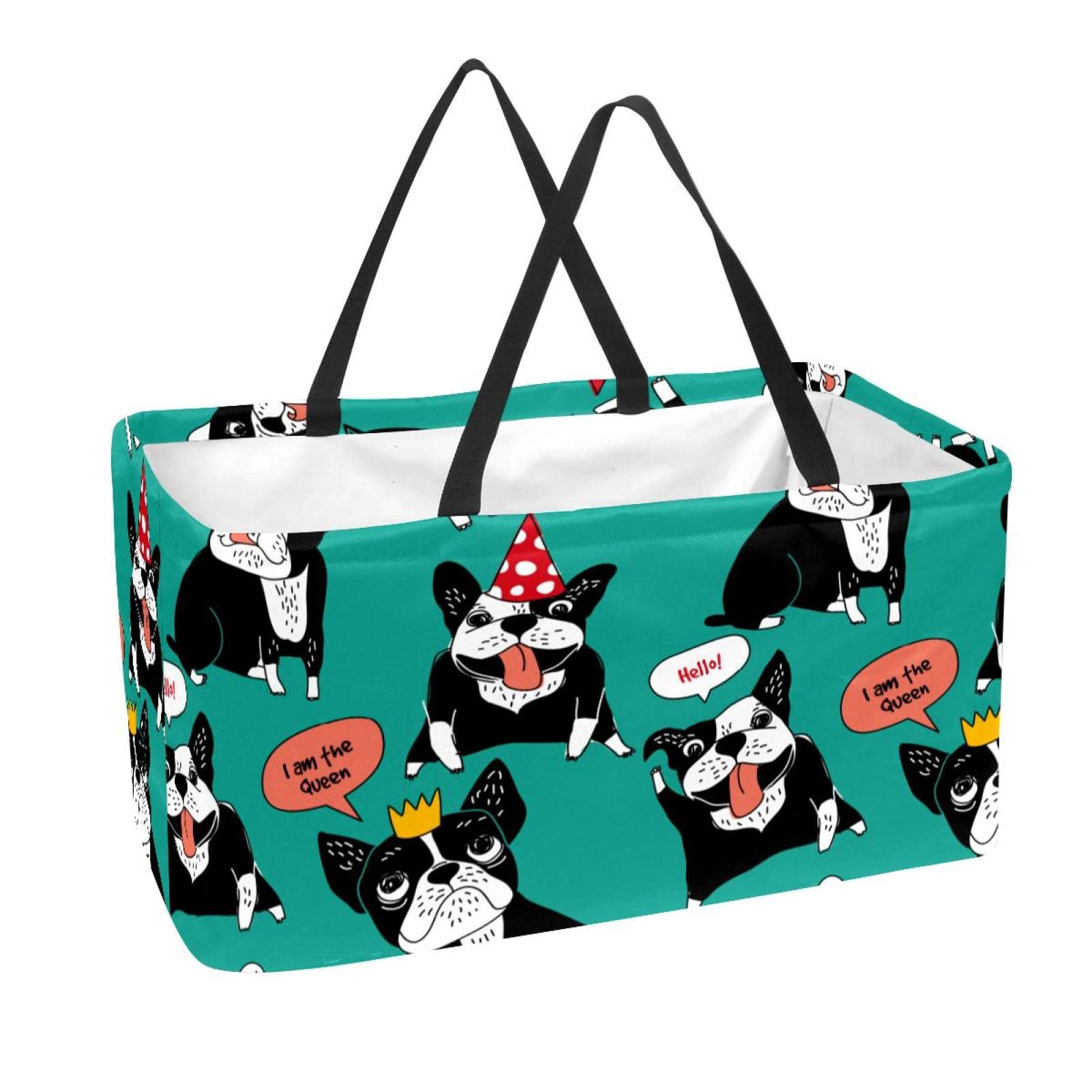 Sac de courses bouledogue noir imprimé cabas pliable original et grand