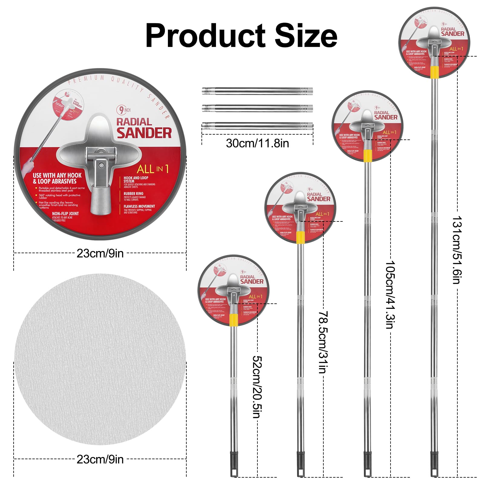 Levigatrice per cartongesso con asta di estensione e 10 fogli abrasivi, rotazione a 360°, levigatrice radiale radiale radiale da 22 cm, grana da 80 a 240 per pareti e soffitti dipinti