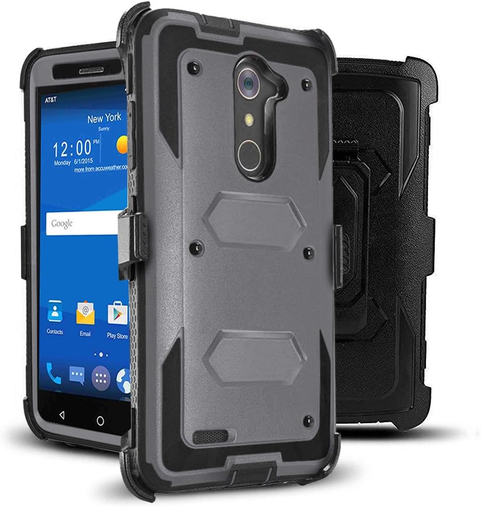 J.west Compatible with ZTE ZMax Pro Case, Belt Clip Kickstand Heavy Duty Full-Body Rugged Protection Impact Armor TPU Hard Case Cover Without Screen Protector for ZTE Zmax Pro Z981/Grand X Max 2 Gray