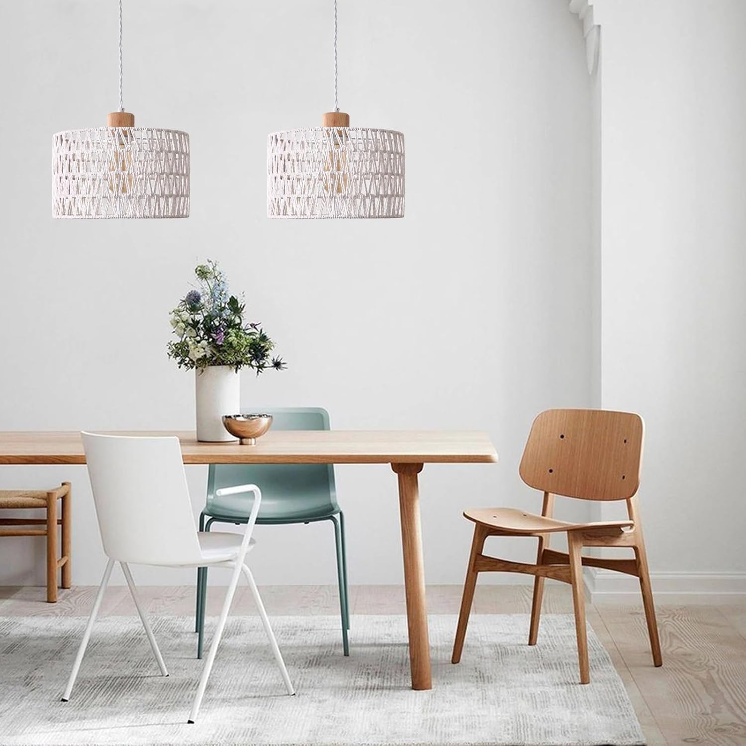 Plug in Pendant Light with Hand Woven Rattan Lampshade, Hanging Lamp with 15 FT Rope Cord On/Off Switch, Boho Pendant Light Fixture for Living Room Bedroom Kitchen Island Dinning Table