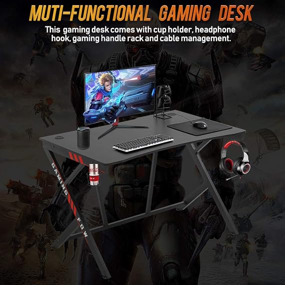Best Gaming Computer Desk Home Office Desk Extra Large Modern Ergonomic Black PC Carbon Fiber Writing Desk Table with Cup Holder Headphone Hook, Super sturdy, Easy to Assemble Large Gaming Desktop