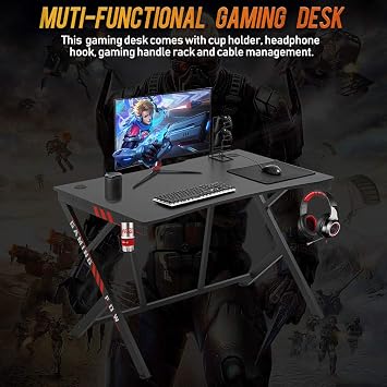 Best Gaming Computer Desk Home Office Desk Extra Large Modern Ergonomic Black PC Carbon Fiber Writing Desk Table with Cup Holder Headphone Hook, Super sturdy, Easy to Assemble Large Gaming Desktop