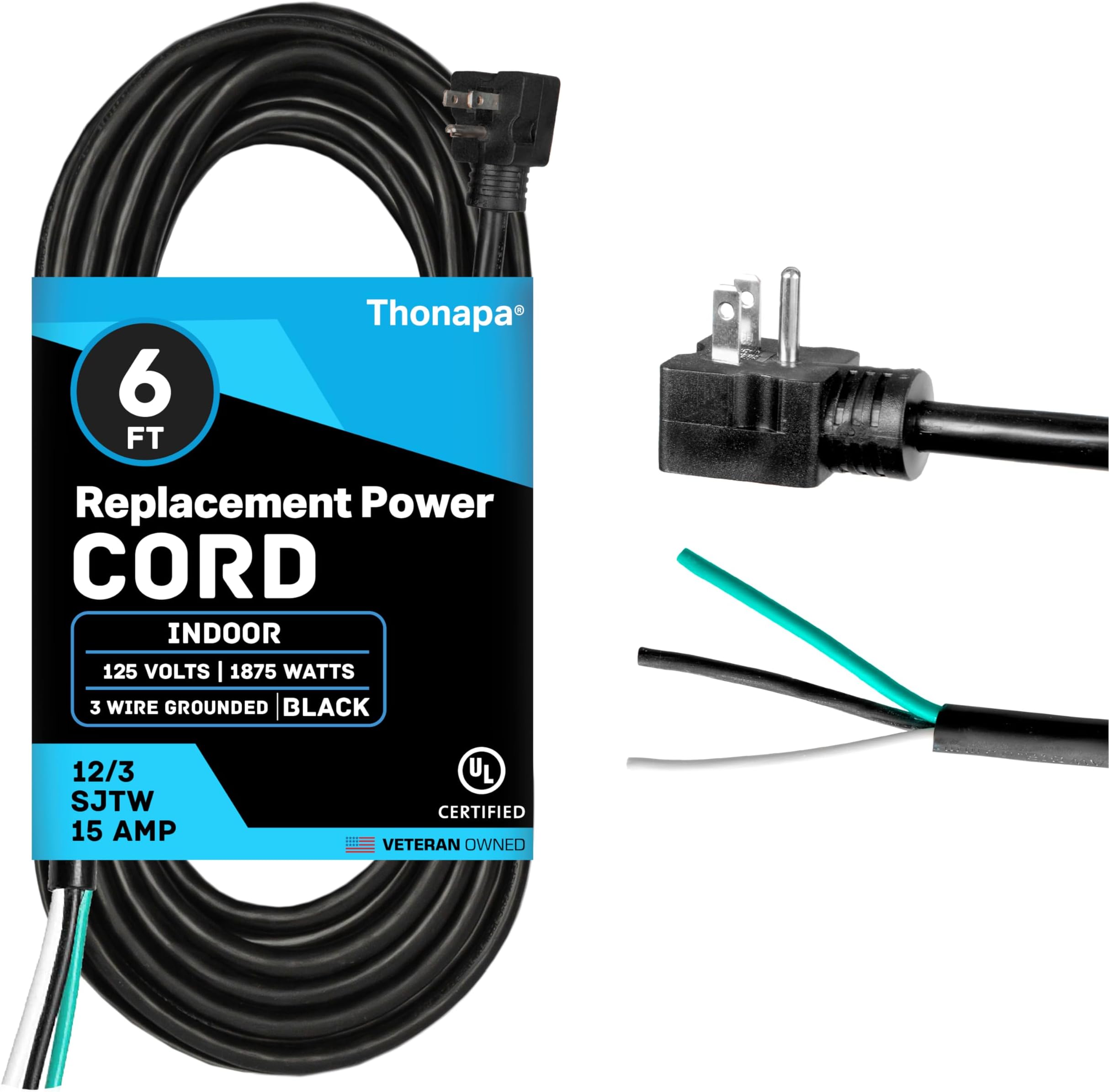 12 Gauge Flat Plug Replacement Power Cord 6 ft - 15 Amp Appliance Extension Cord for Universal AC Appliance, SJTW 12/3 Power Cord Replacement Black - UL Certified