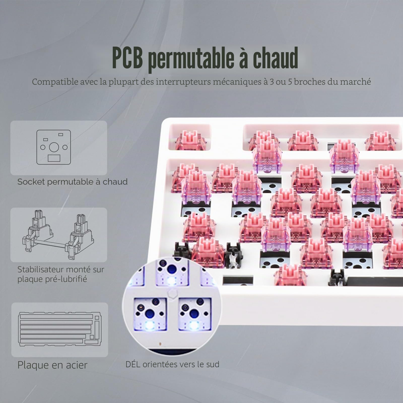 EPOMAKER TH80 Pro 75 % 80 touches à échange à chaud Triple Mode Gaming Keyboard PCB Platting Kit avec mousse à vapeur, LED à facettes South-Facing Compatible avec les commutateurs 3/5 broches (Blanc)