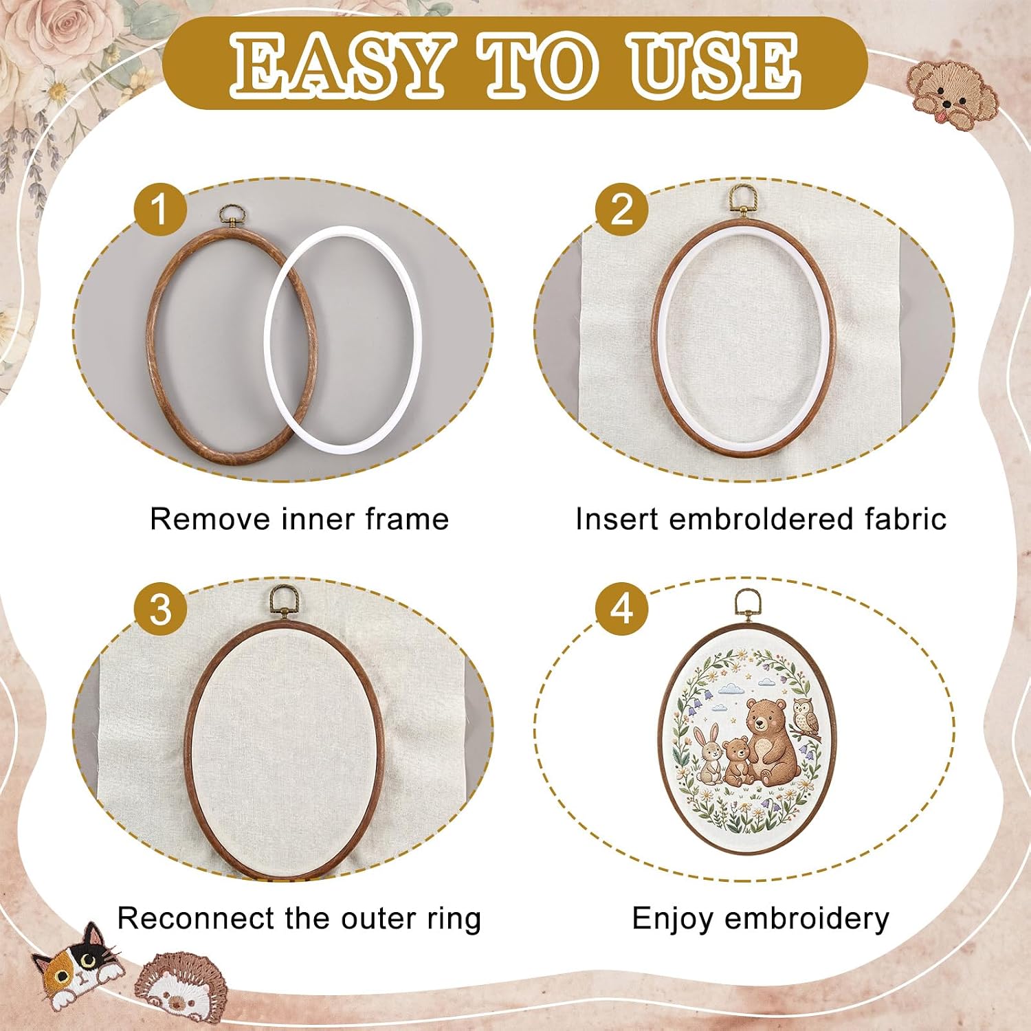 Tudomro 6 Set Embroidery Kit with 9.3 x 6.8 Inch Oval Embroidery Hoop Frame and 11.8 Inch Pre-Cut Cloth Fabric Squares Imitated Wood Cross Stitch Hoop for Craft Sewing Hanging Ornament