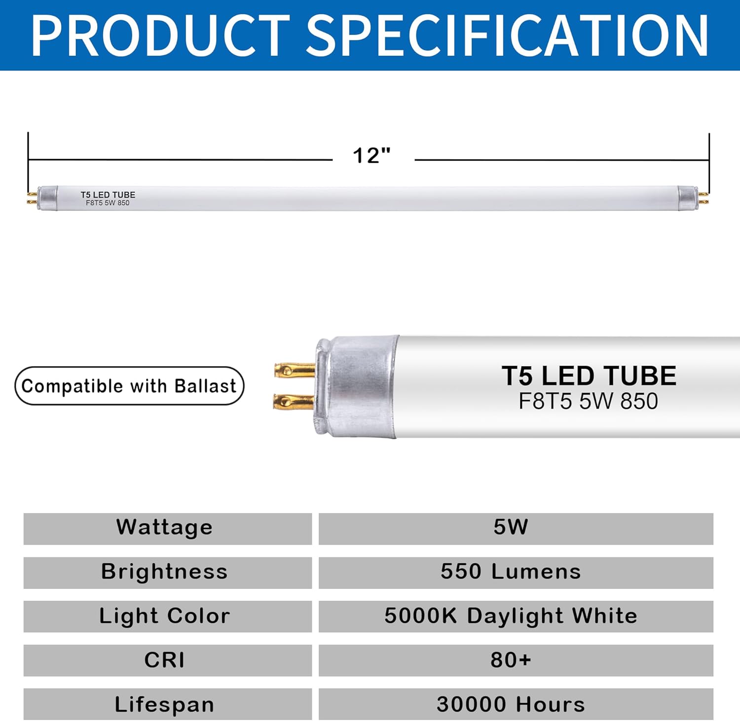 12 Inch F8T5/850 LED Replacement Bulbs, 5000K Daylight White, T5 LED 5 Watts Replace Fluorescent Bulb with LED, Replacement Tube for Counter and Cabinet Fixture, 4 Pack