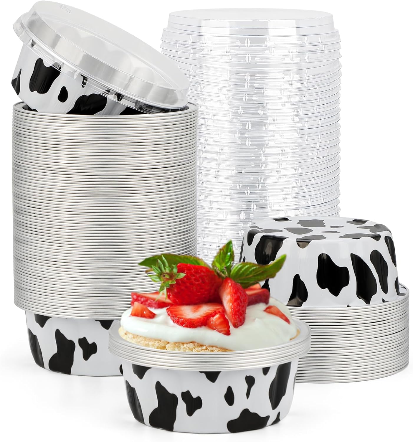 Beasea Disposable Ramekins 8oz, 100 Pack Black Gold Aluminum Foil Cups with Lids, Disposable Creme Brulee Muffin Cupcake Baking Cup Mini Pudding Cups for Party Wedding Birthday