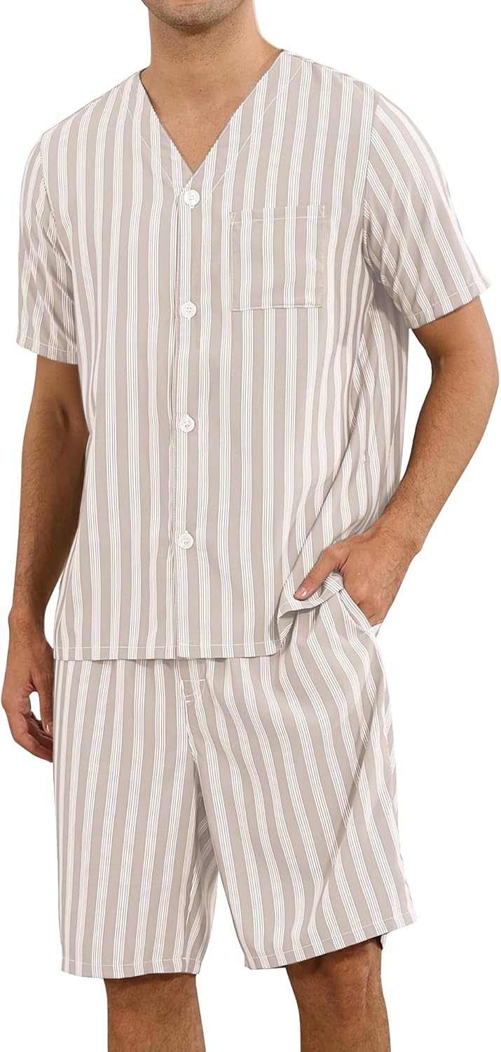 Vulcanodon Mens Striped Pajama Set Cozy Lightweight Short Sleeve Button Down Lounge Pjs with Pockets and Button Fly