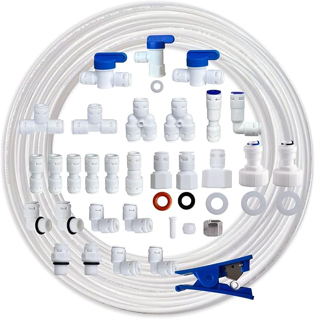 ITIGER-ESHIONG 30 pcs 1/4"(6.35mm) Fridge Refrigerator Plumbing Push Fit Connector Kit For European Fridge Reverse Osmosis Filter +10 Meters(32Feet) NSF Certified 1/4" Pipe Tube.
