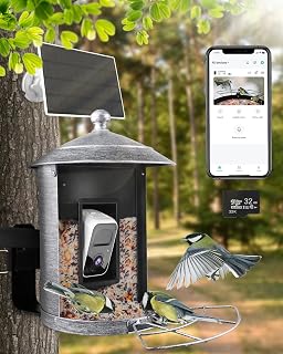 Smart Bird Feeder with Camera, Silver Solar Metal Bird Feeders, 160°Wide Angle, Auto Capture Bird Videos, Built-in Microphone, AI Identify Bird Species, Ideal Gifts for Family, Bird Lover, Patio