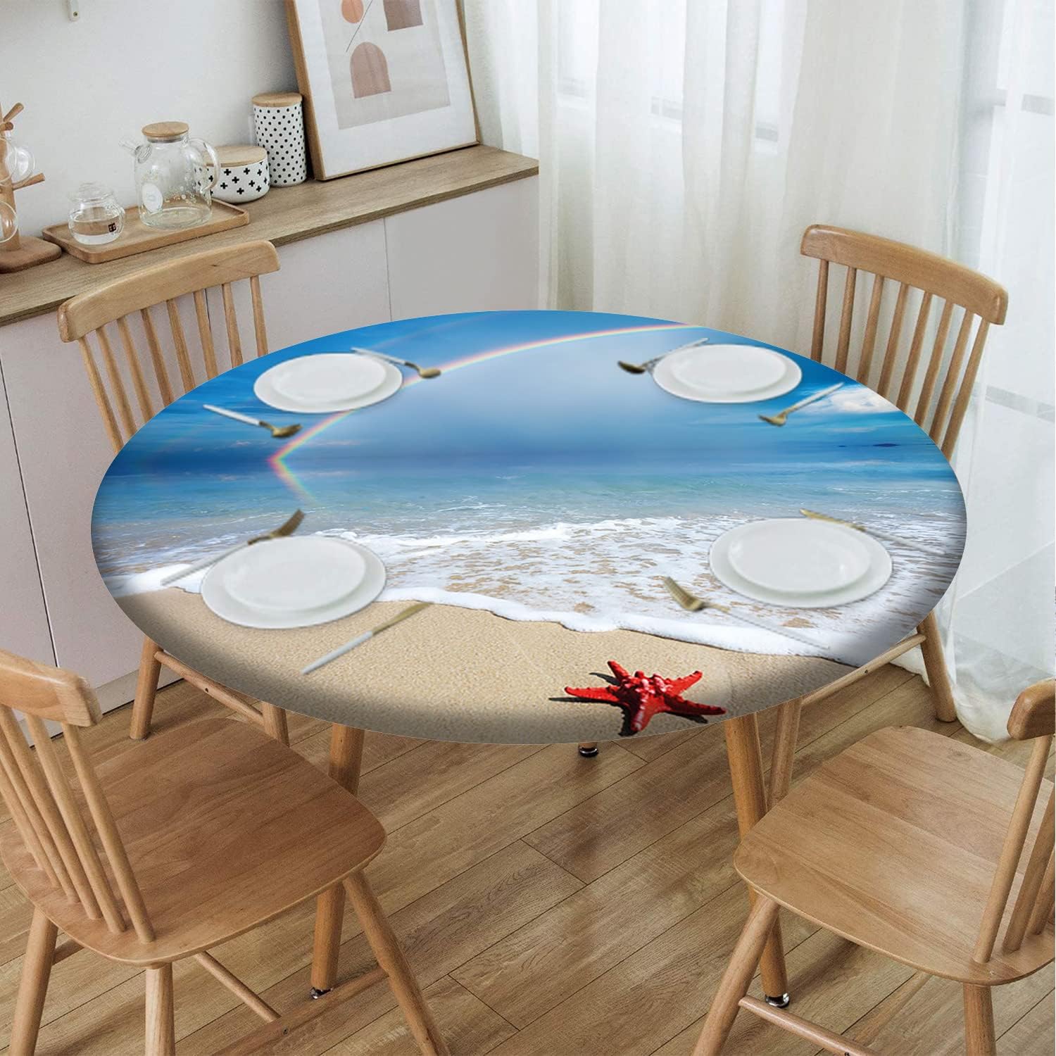 Beach Pattern Round Fitted Tablecloth,Elastic Edge,Suitable for Catering and Kitchen Can Wipe Dining Round Table coverr,Blue Green,for 57" to 68" Round Tables