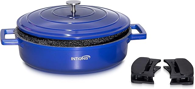 Non-Stick Shallow Casserole Dishes with Lids Oven Proof -28cm -4.2L Cast Aluminium Oven Dish, Stainless Steel Base, Dishwasher Safe - Induction - Lighter Than cast Iron Casserole Dish with lid (Blue)