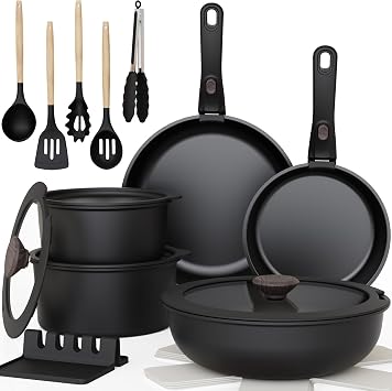 Astercook 20-Piece Pots and Pans Set, Nonstick Cookware Set with Detachable Handles, Oven & Dishwasher Safe, Induction Compatible, Stackable RV Kitchen Cooking Set, Black