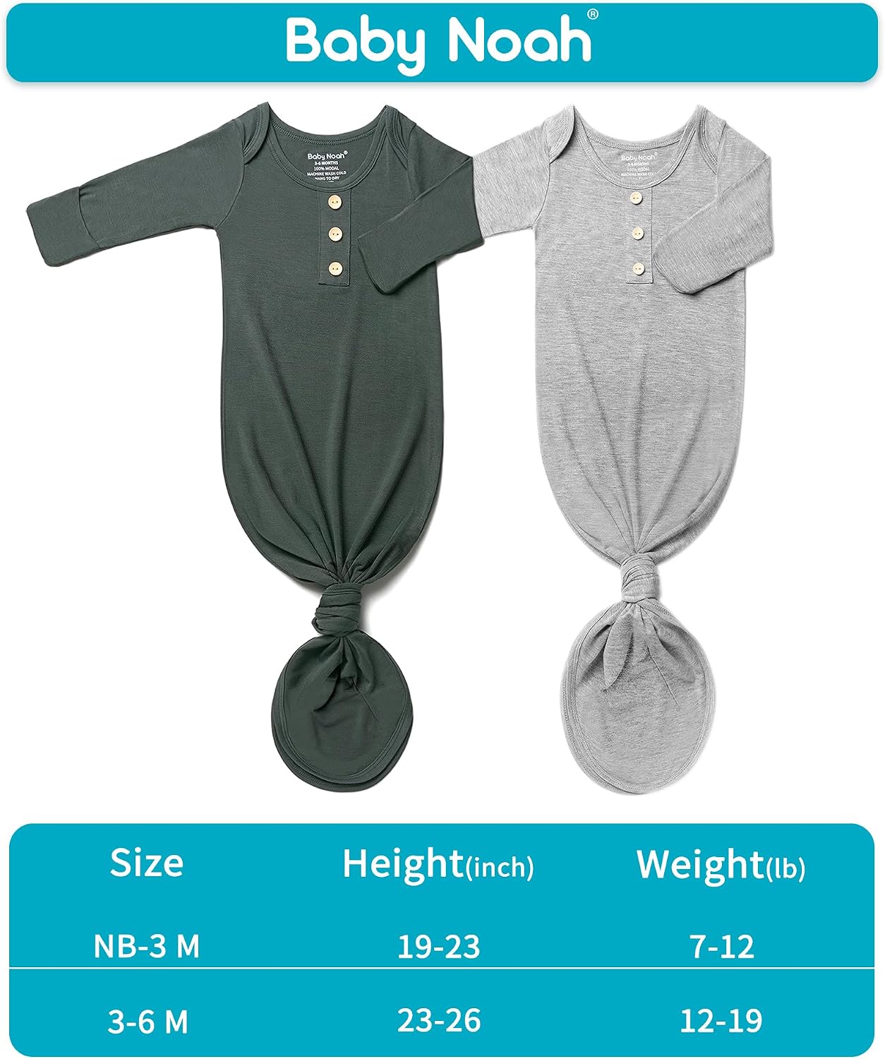 Baby Noah Newborn Knotted Gown Set with Hat and Headband, Soft Tie Bottom Newborn Sleepers for Baby Girl Boy (2 Packs)