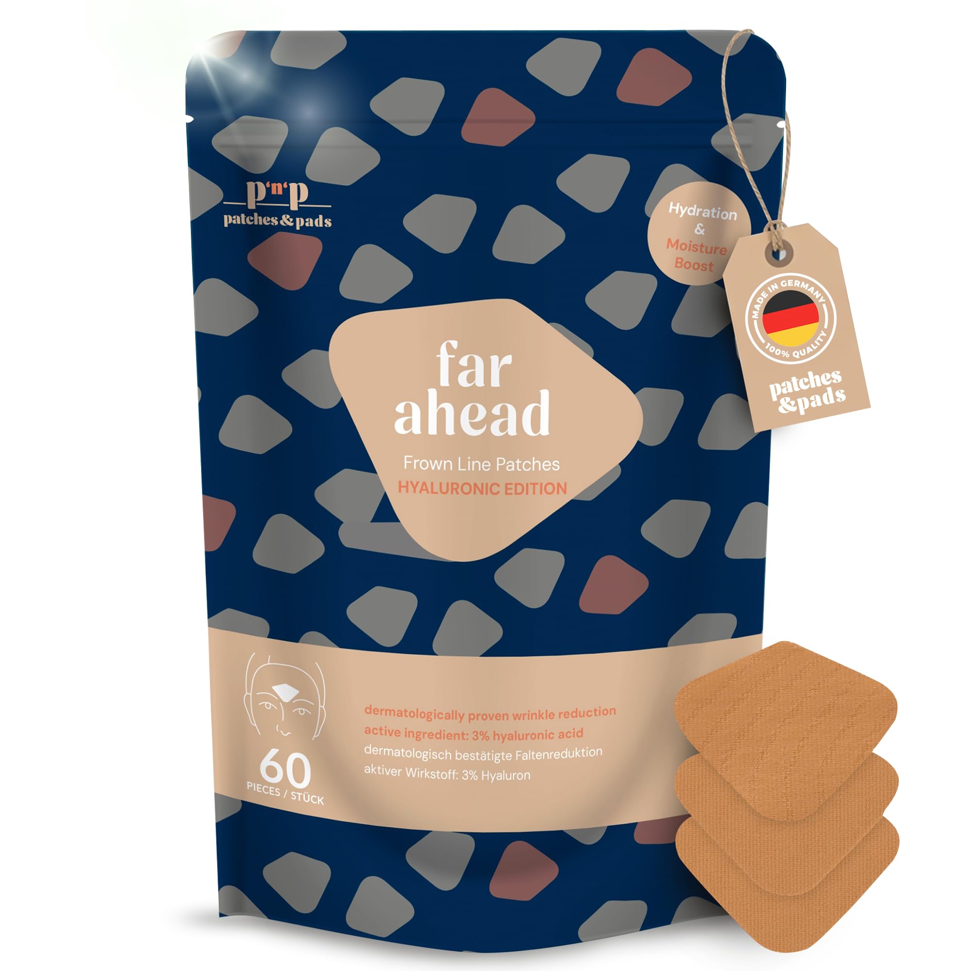 Patches & Pads Zornesfalte Pflaster aus Baumwolle mit Hyaluron 60 Stück - Extra stark haftend - Zornesfalte glätten, Anti Falten Pflaster, Gesichtstape gegen Falten (1er Pack)
