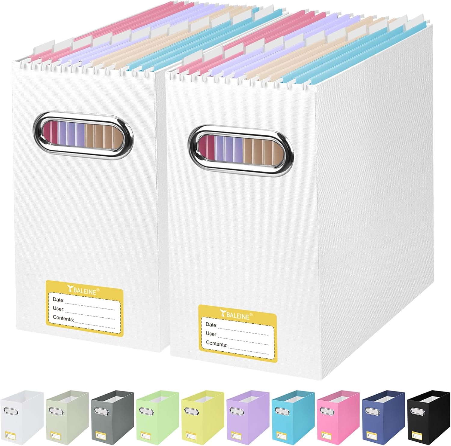 BALEINE File Organizer Box, Cardboard File Folder Organizer with Handle for Letter Size, Portable Collapsible Hanging Filing Box for Home Office Document Storage (2 Pack, White)