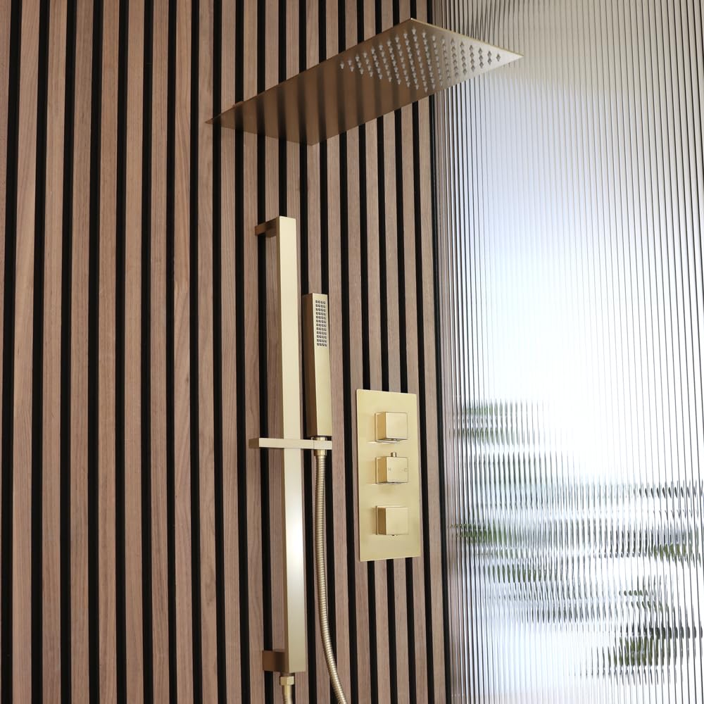 Milano Lyra Thermostatic Mixer Valve 300mm Shower Head Handset Riser Rail - Brushed Brass