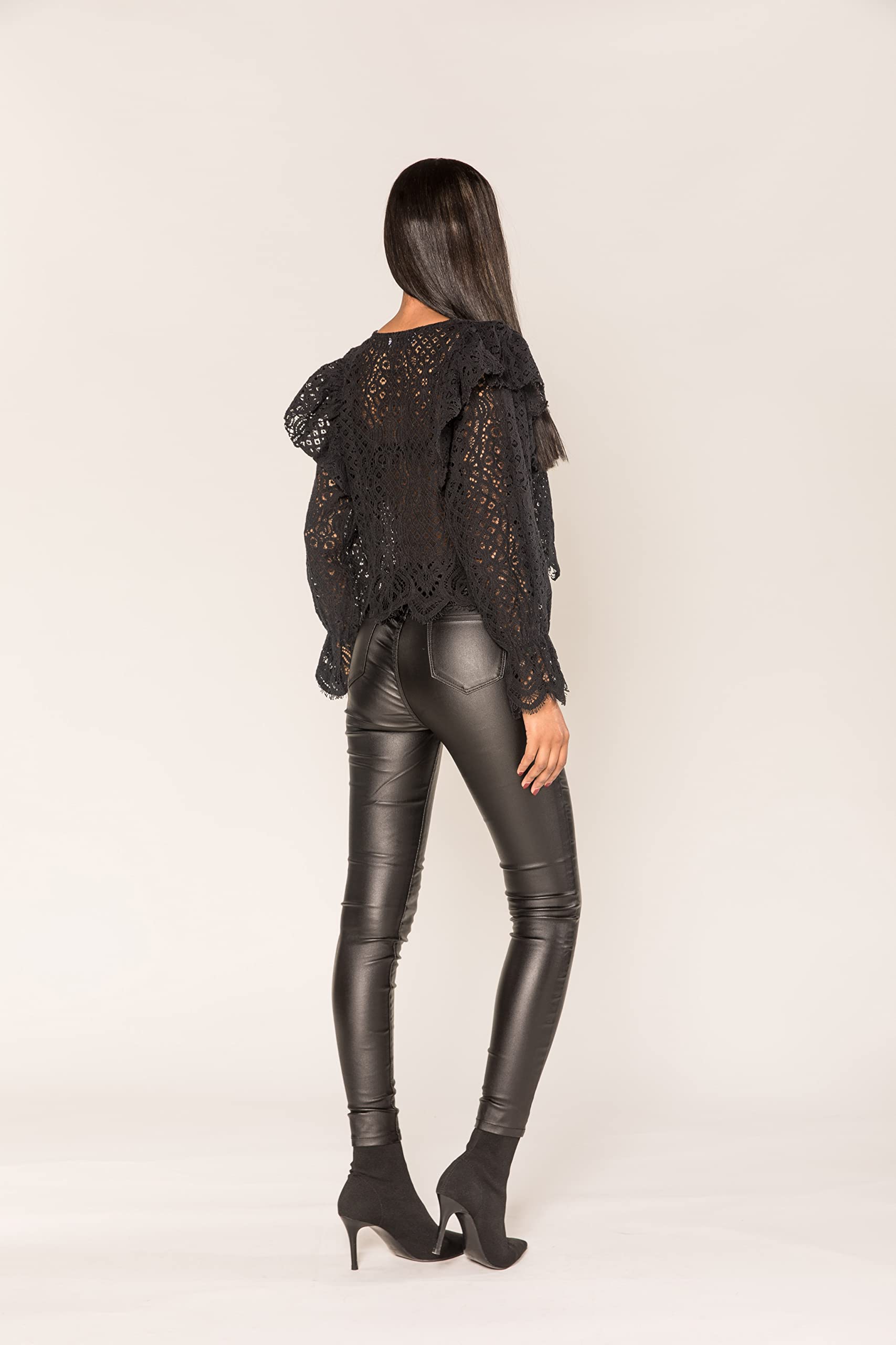 Nina Carter S513 Jean stretch pour femme Coupe skinny Effet mouillé Taille haute Aspect cuir Longueur cheville 5 poches