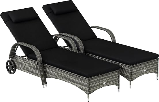 Outsunny Wicker Outdoor Chaise Lounge Set of 2 Mixed Gray & Charcoal Black