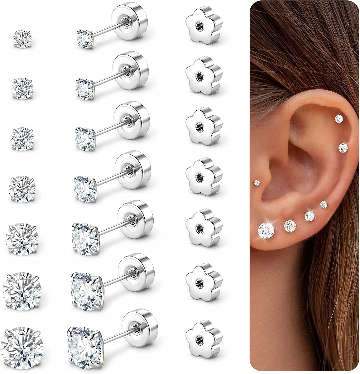 10G Hypoallergenic Flat Back Stud Earrings Set