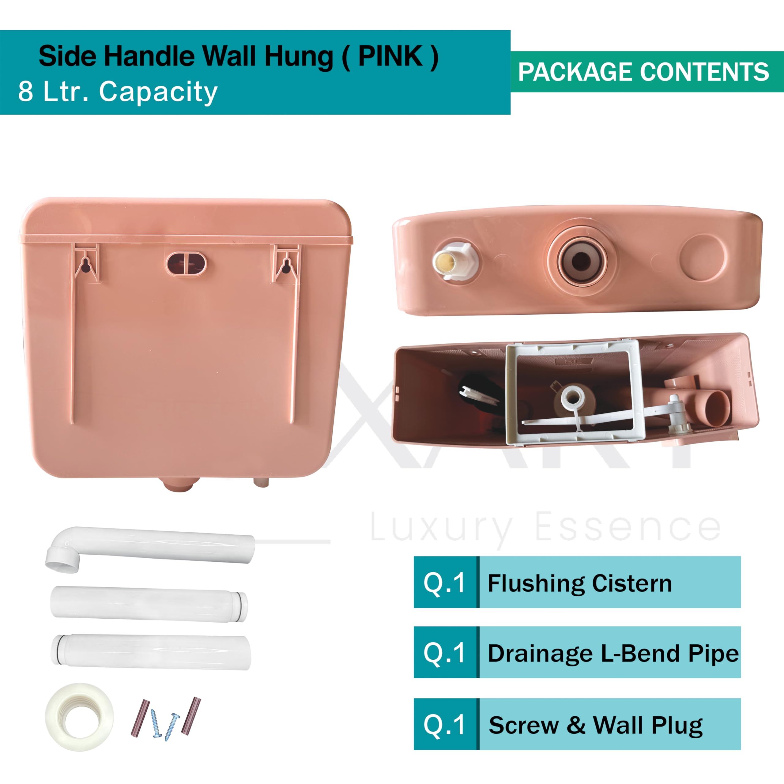 LUXART Premium 8-Liter Single Flush Toilet Tank| Pink | Slim Wall Mounted Polypropylene Cistern with Side Handle Mechanism | Air Freshener Slot 3