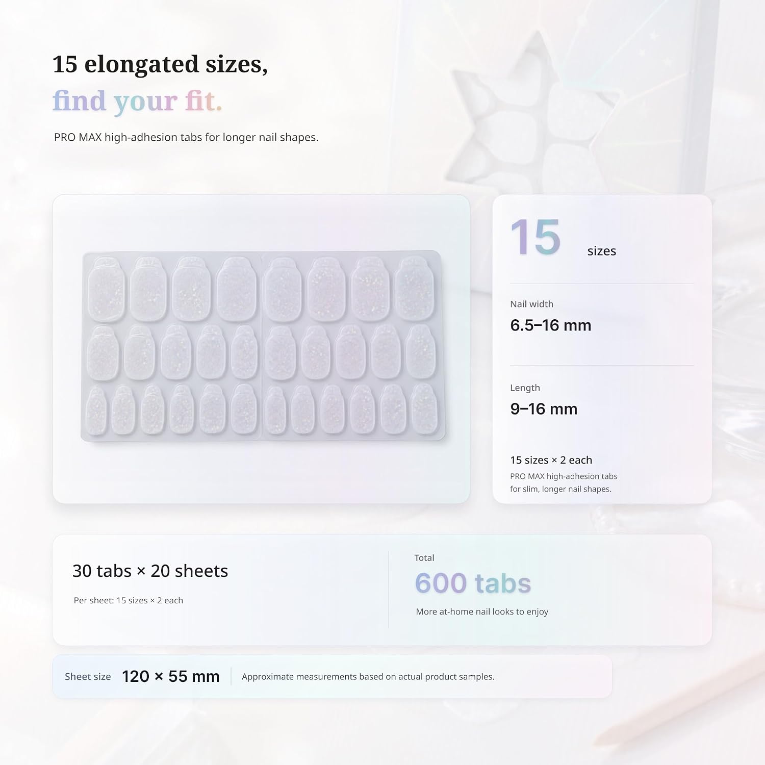 Sun&Beam Nails Jelly Nail Tabs Pro Max 15 Sizes Strong Adhesive Waterproof Double Sided Tabs for Press-On Nails 600 Pcs (for Most Nail Sizes) image 5