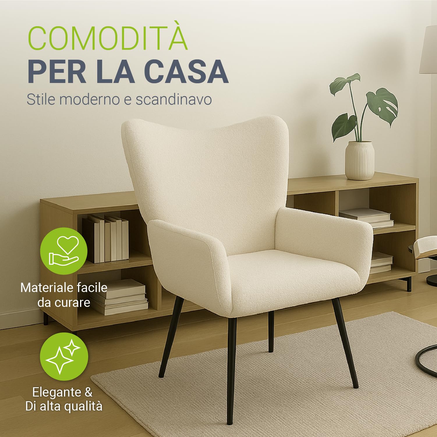 Juskys Poltrona Relax Odense, seduta in stile scandinavo con rivestimento in bouclé, schienale alto e imbottitura – Beige