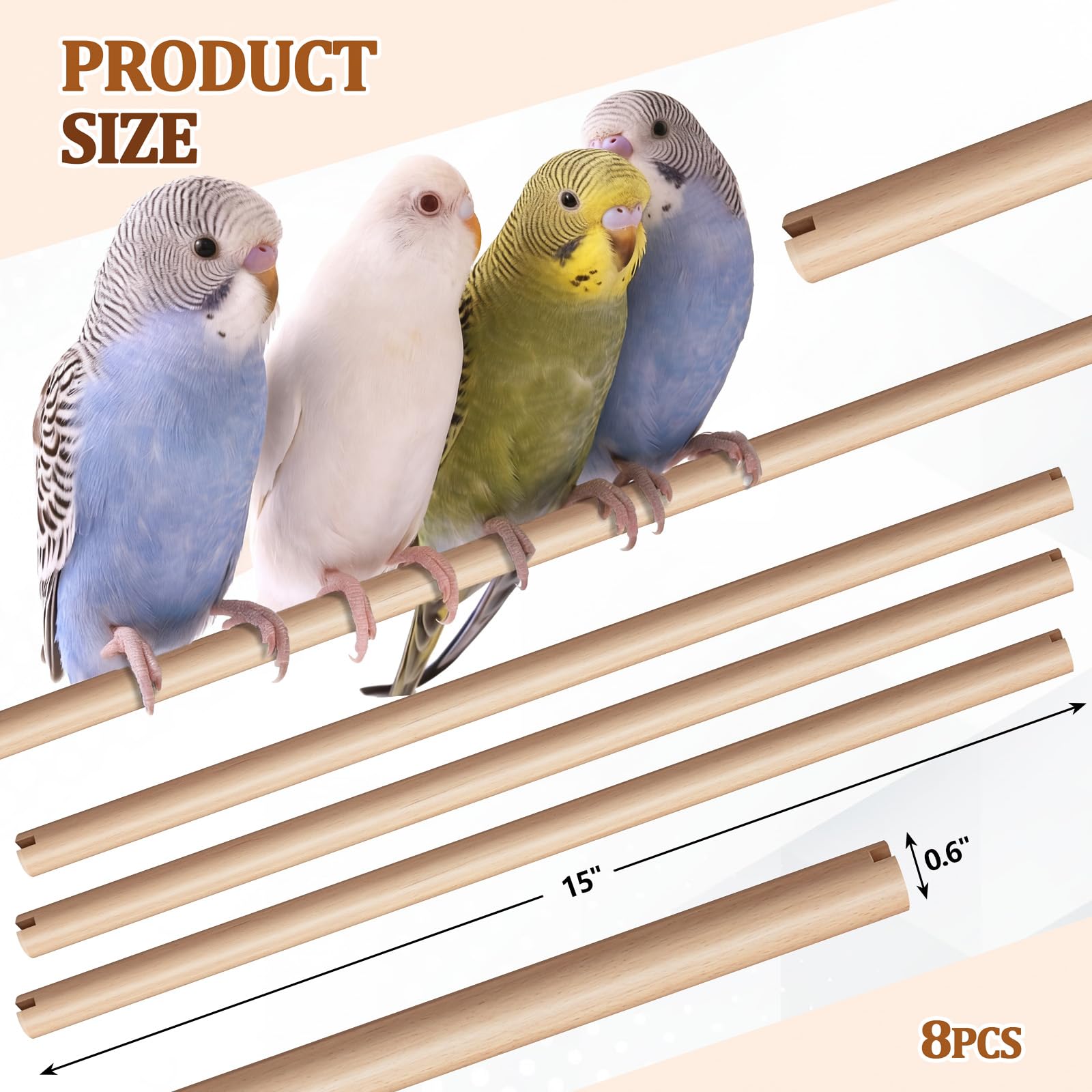 Sintuff Lot de 8 perchoirs à oiseaux pour accessoires de cage, tiges de rechange en bois avec double fente pour tête, support en bois naturel de 1,5 cm de diamètre pour perroquet, ara, cacatoès