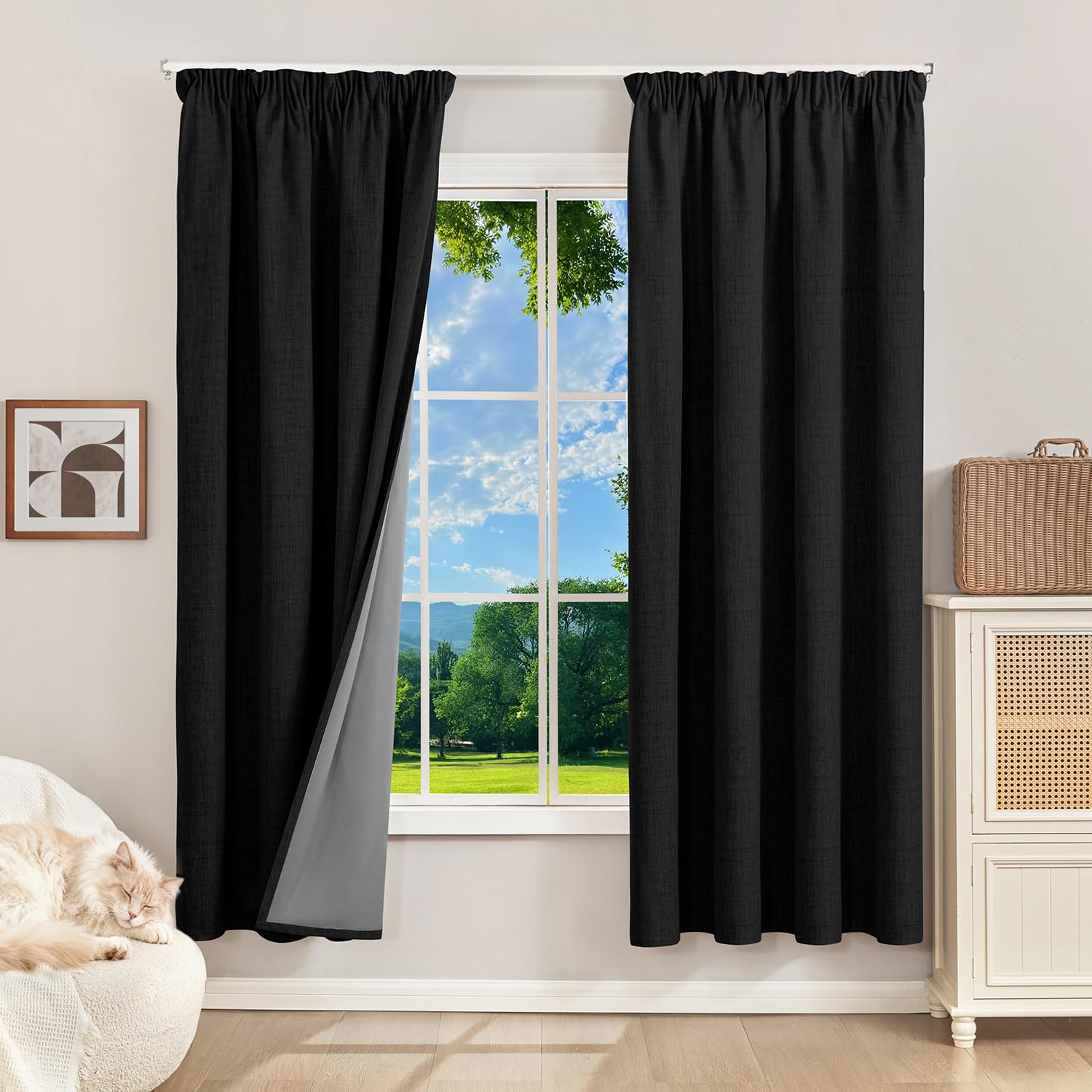 Runyéla 100% Blackout Curtains Pencil Pleat Linen Curtain for Bedroom Living Room Thermal Insulated 52 x 63 Inch Drop 2 Panels Black