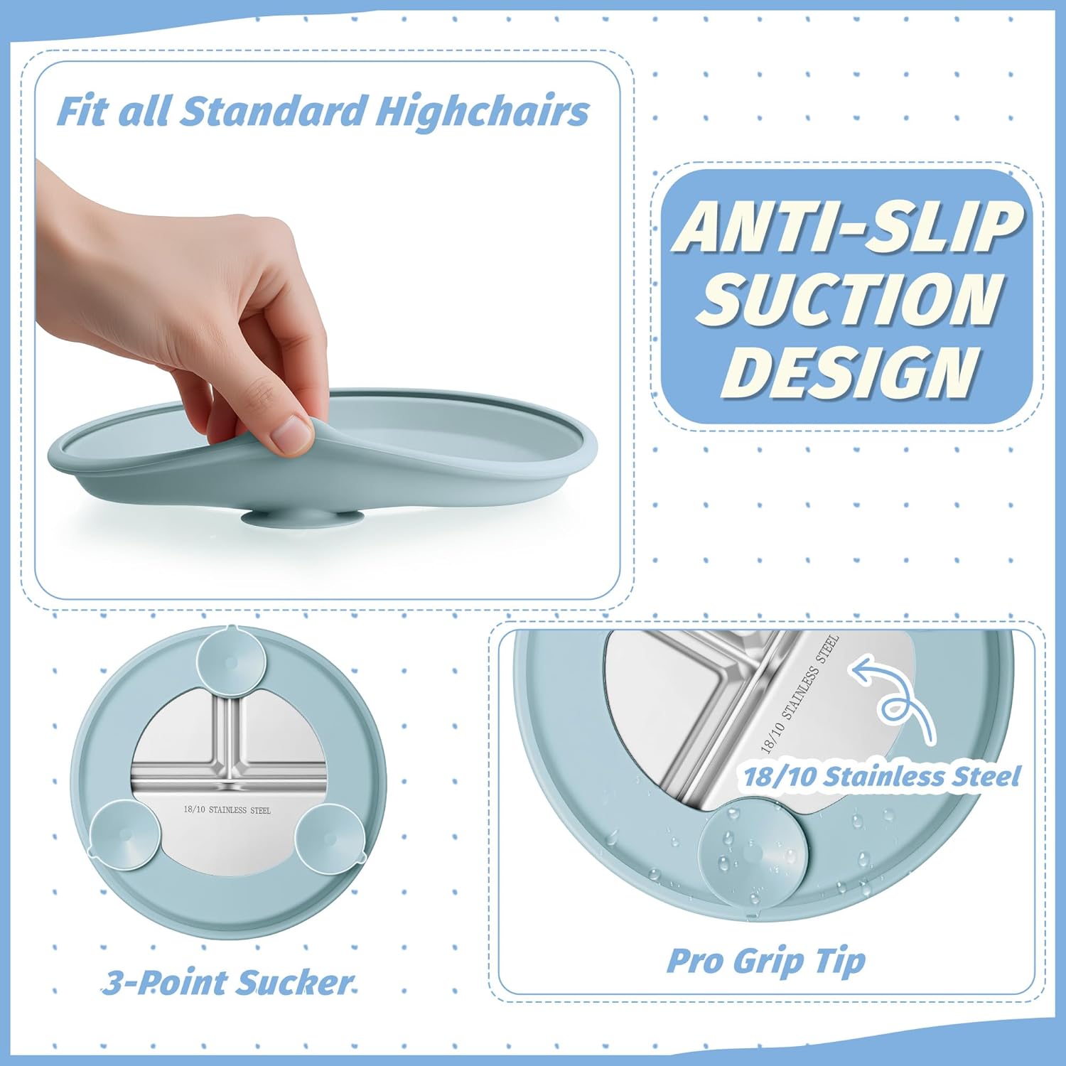 HaWare 3 Pack Stainless Steel Baby Suction Plates, 9 Inch Divided Toddler Plate with Removable Silicone Sleeves, Non Toxic & BPA Free Kids Feeding Set, Dishwasher Safe (Blue/Pink/Gray)