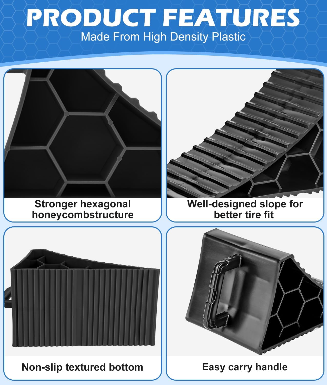 PAHTTO Wheel Chocks 4 Pack, RV Chocks with Handles for RV Trailer Camper Car Truck, Wheel Block Stopper for Tire, Strong RV Wheel Chocks Hexagonal Honeycomb Structure, RV Trailer Accessories