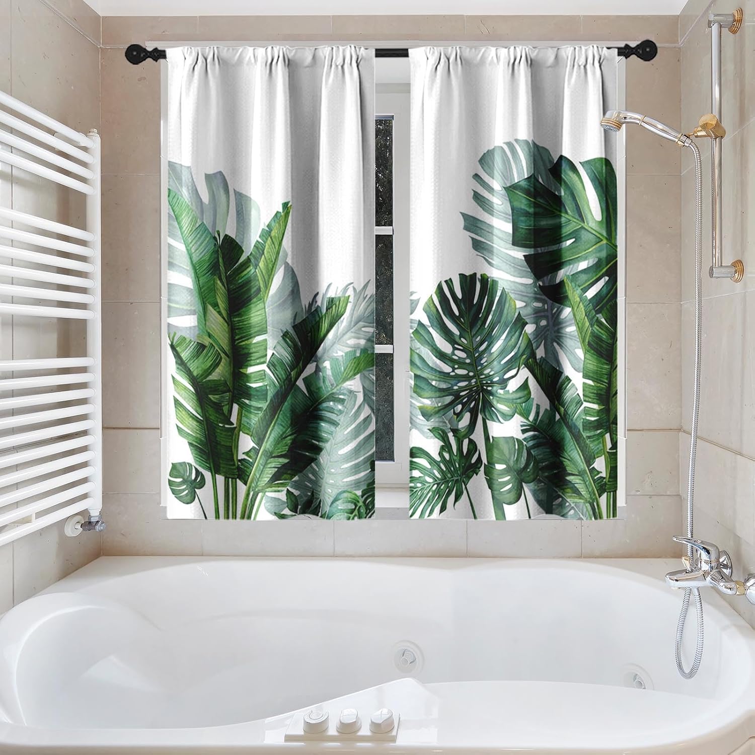 Green Tropical Palm Leaves Shower Curtain Set, Banana Leaf Bathroom Window Waffle Cloth Waterproof Shower Curtains for Bathroom Decor