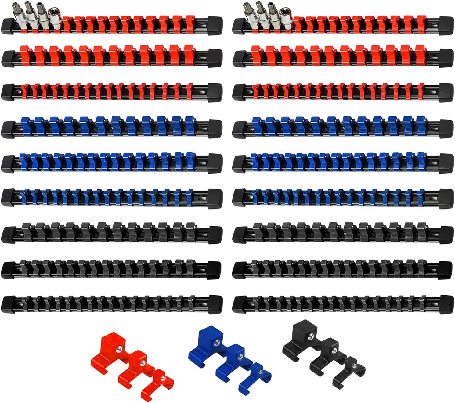 AMM 18-Piece Socket Organizer, 1/2 inch, 3/8 inch and 1/4 inch Drive ABS Tools-Socket Holder,Heavy Duty Socket Racks, Premium Quality Socket Clip Rail Holder,The best tool trays in the garage