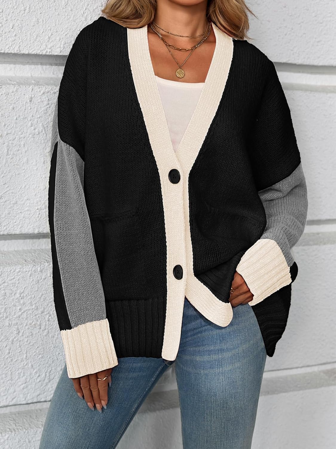 Saodimallsu Womens V Neck Cardigan Sweaters Color Block Button Oversized Long Sleeve Open Front Knit Sweater Coats - Image 2