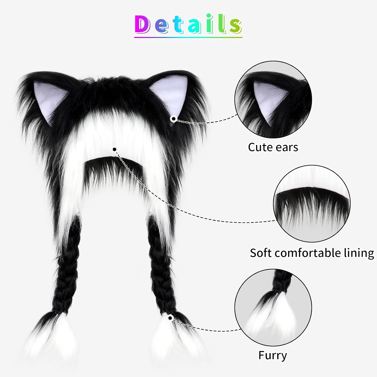Plush Animal Hat Fursuit Furry Cat Ears Headwear Hood Winter Warm Cap Halloween Party Costume Cosplay Accessories