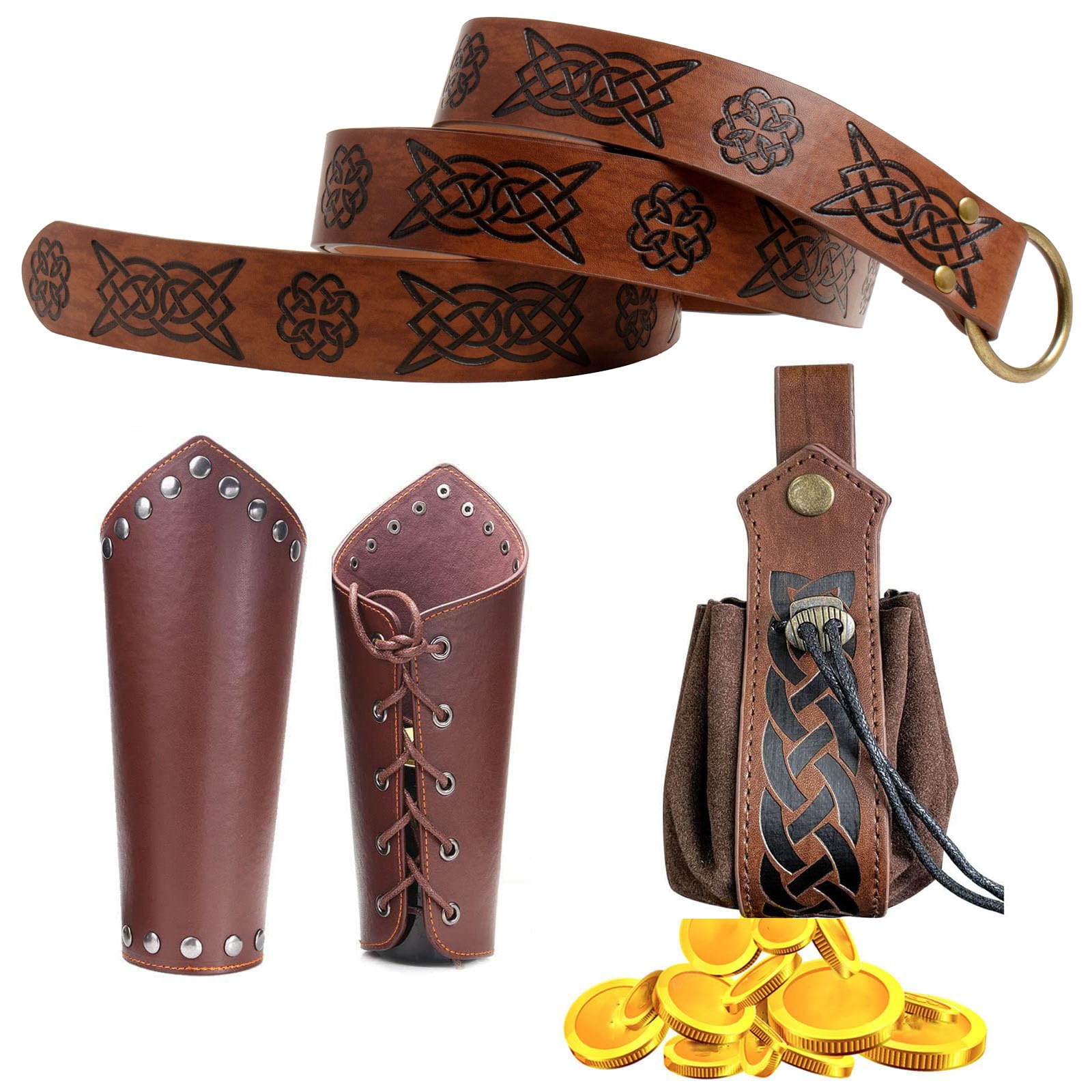 3 Pcs Halloween Renaissance Belt Pouch Coin Purse Phone Holder Skirt Hikes Medieval Viking Pirate Leather Belt Costume Sets (03-Brown)