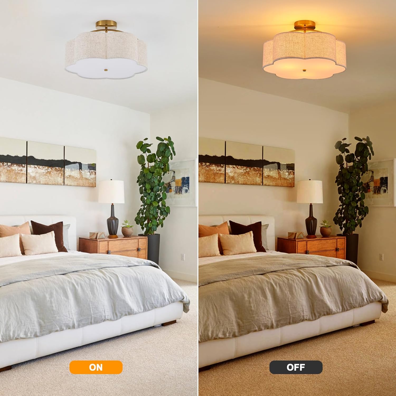 18" Semi Flush Mount Ceiling Light Modern 3-Lights Gold Drum Ceiling Light Fixture with Fabric Linen Shade, Vintage Ceiling Lighting for Living Room, Kitchen, Basement, Laundry Room, Bedroom