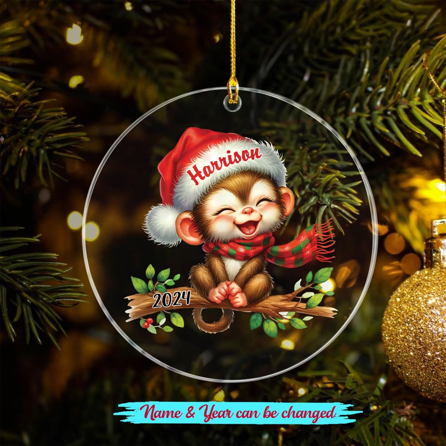 Monkey Christmas Ornaments 2025, Personalized Monkeys Xmas Ornament Gift for Animal Lover Men Women Kids Child, Cute Baby Monkeys Ornament Gift, Customized Year & Name Monkey Lover Ornaments Hanging