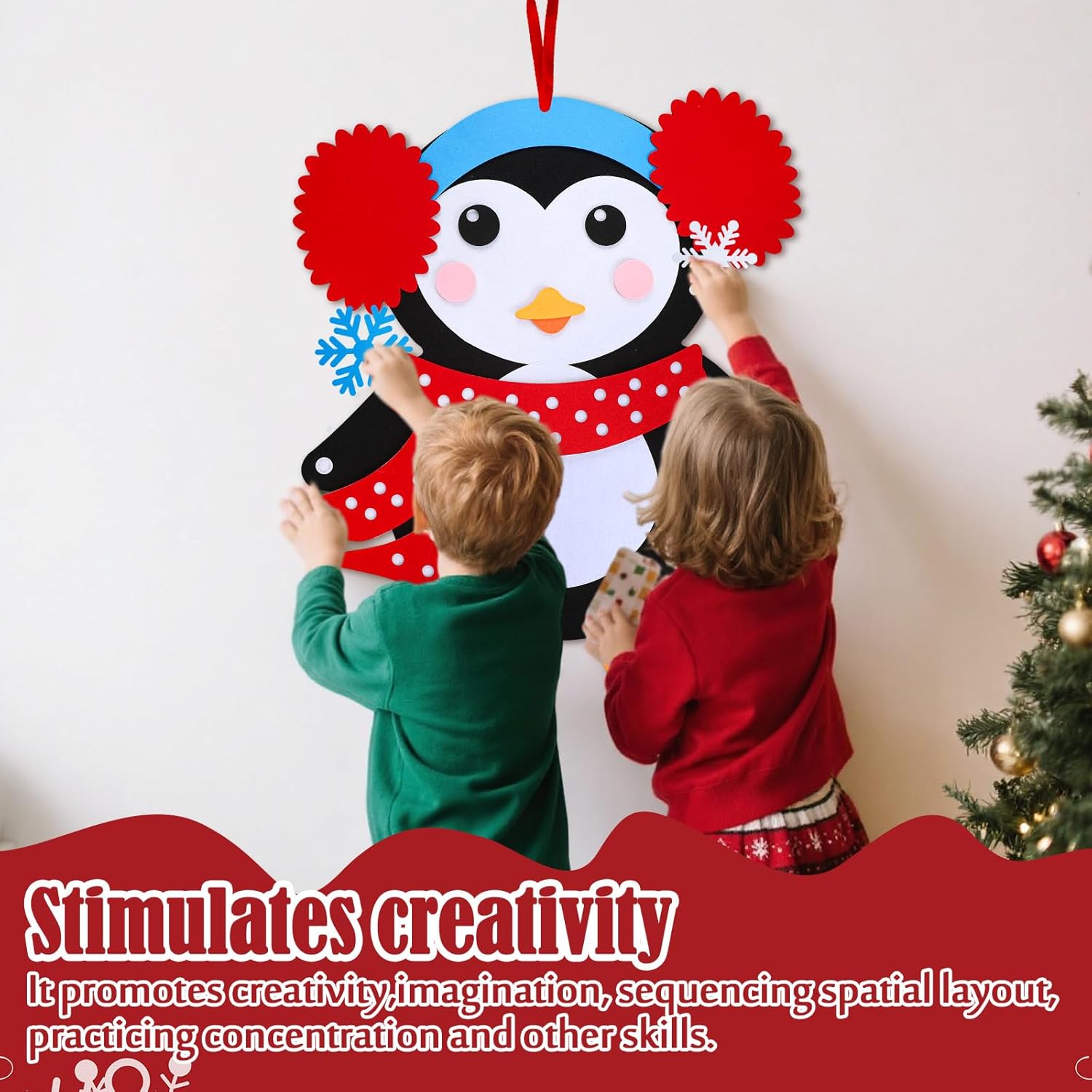 30 Pcs DIY Felt Christmas Winter Penguin Crafts Kits with 29 Detachable Ornaments 2.25ft Christmas Game Craft Kits for Little One Penguin Art Set Wall Hanging Gifts for Xmas Winter Holiday Party Decor