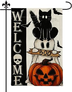 Halloween Welcome Garden Flag, 12x18 Inch Double Sided Garden Flag Scary Spooky Cat Pumpkin Halloween Pumpkin Garden Flag for Outdoor Indoor Halloween Decoration
