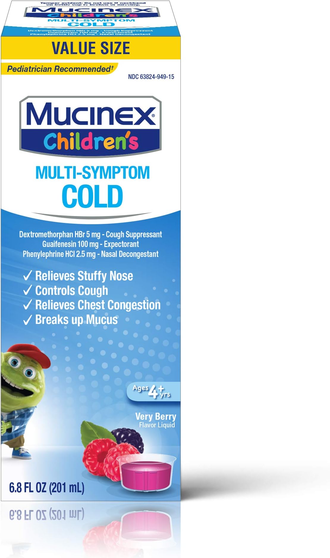 Cough Suppresent, Chest Congestion and Stuffy Nose Relief, Mucinex Children's Multi-Symptom Cold Liquid, 6.8 Fluid Ounce, Very Berry, Dextromethorphan, Guaifenesin, Phenylephrine