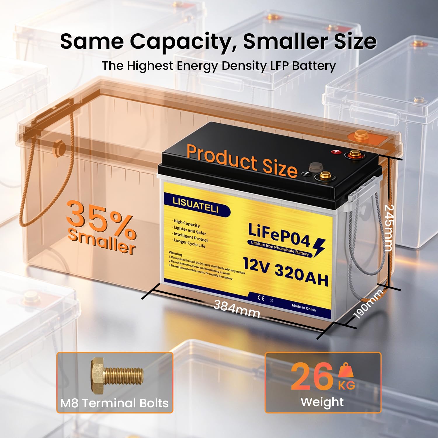 Batería de litio LiFePO4 de 12 V 320 Ah con supervisión de aplicación, 200 A BMS, 2560 W de potencia máxima para autocaravana, solar, barco, off-grid