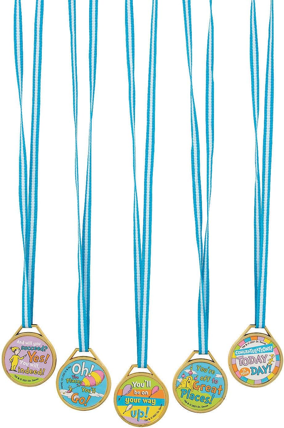 Fun Express Bulk 50 Pieces Dr Seuss Oh The Places Youll Go Award Medals for Kids - Kindergarten Preschool Graduation Party Favors | Gold Plastic Medals for Goodie Bag Stuffers & Classroom Prizes